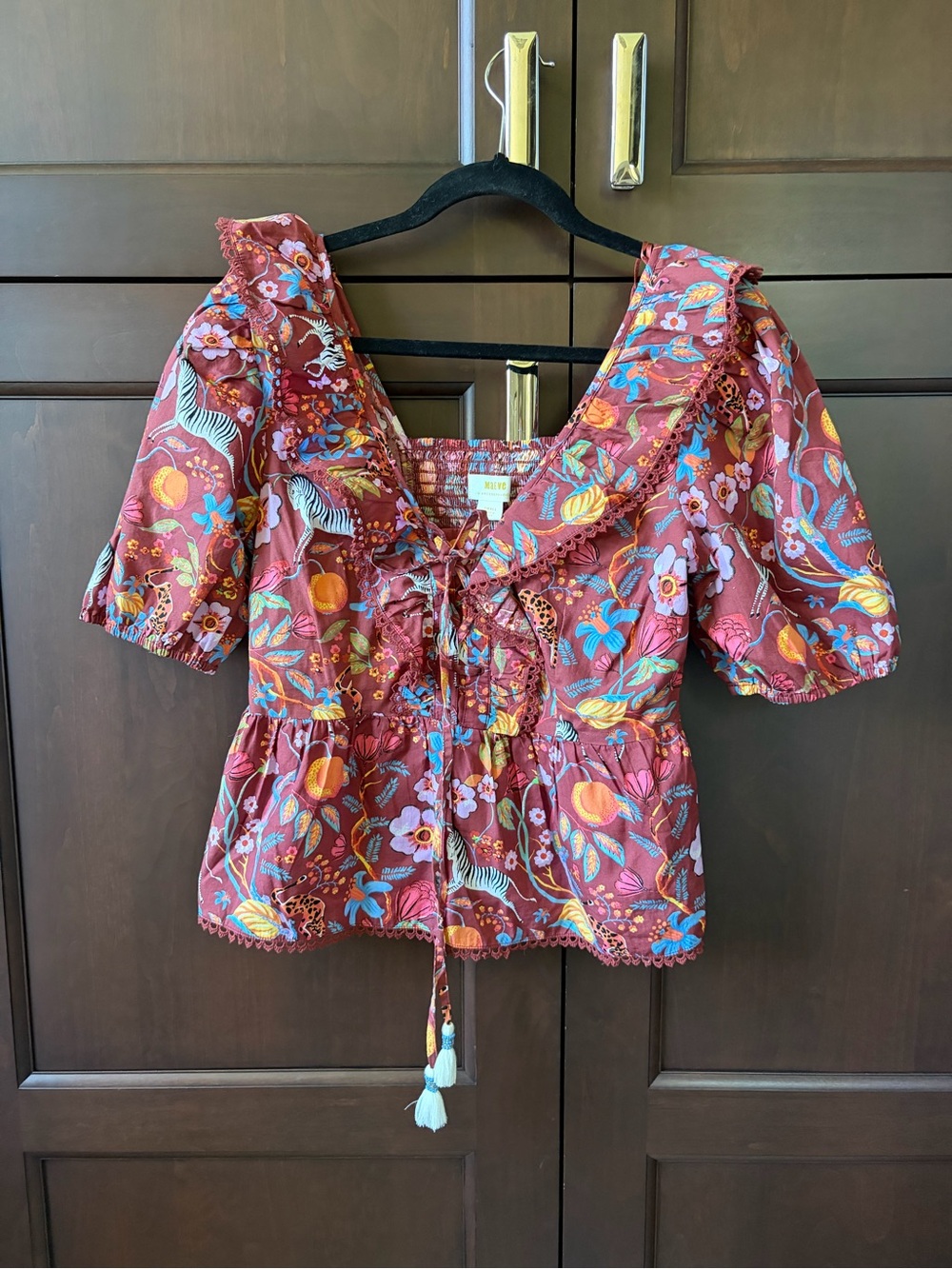 Anthropologie Colorful Floral Tie-Front Peasant Blouse